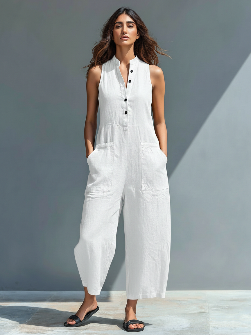 Minimalist Women's Linen Blend Jumpsuit with Buttons, Stand Collar, Sleeveless, Loose Fit MDZ2725A5Y