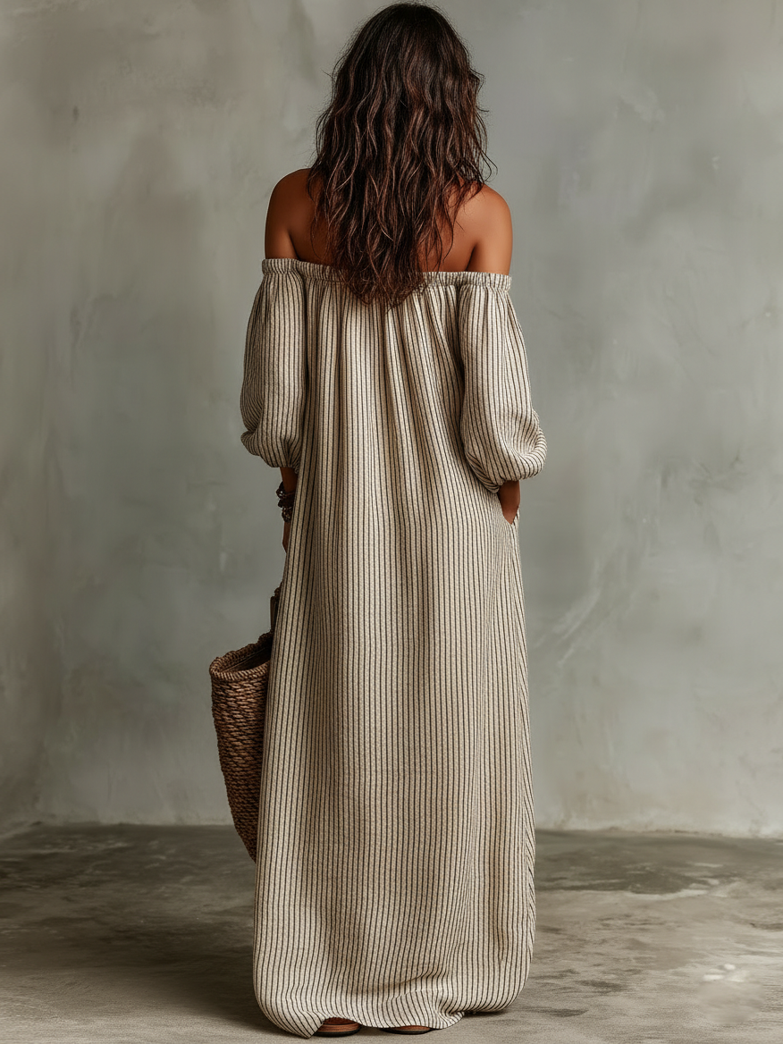 Long Maxi Dress with Long Sleeves and Off-the-Shoulder Design for Women in Cotton-Linen Fabric MDZ0481B5Y
