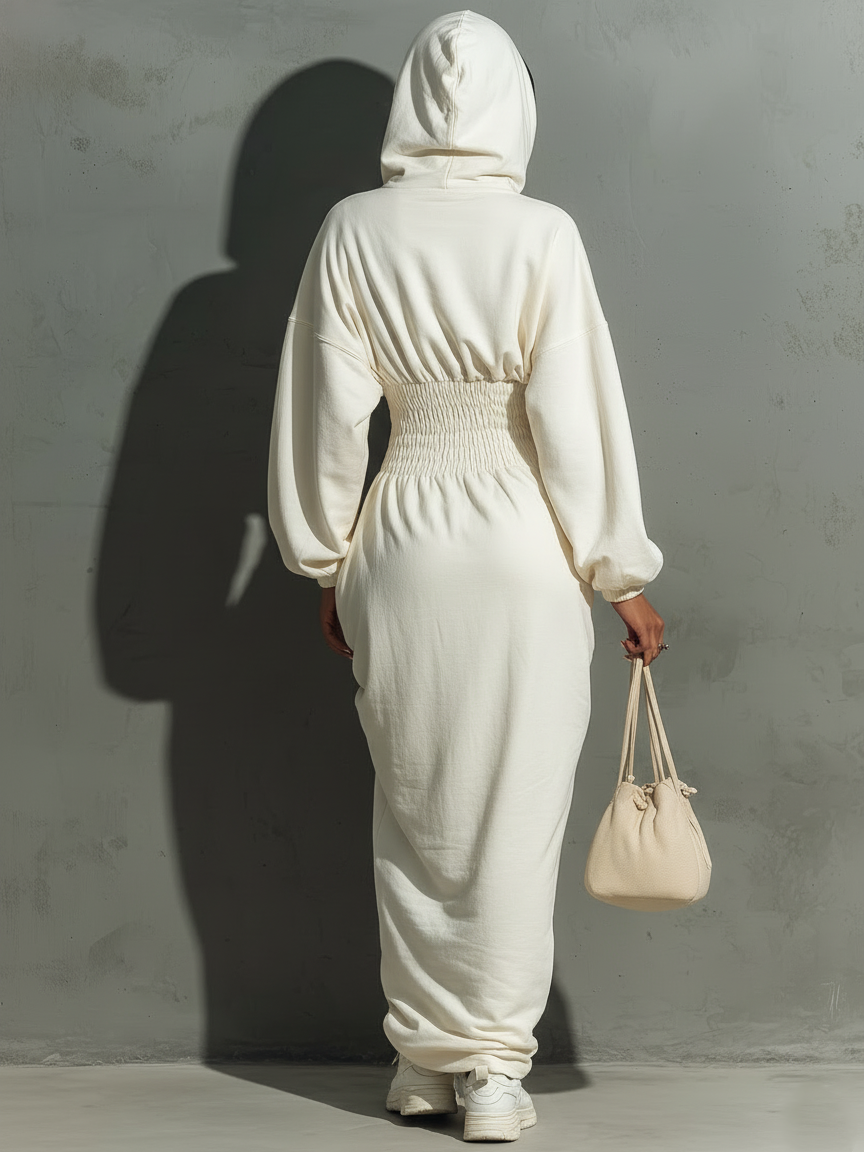 Maxi Dress with Waist Pleats, with Hood, Minimalist Style for Women MDA1965L4Y