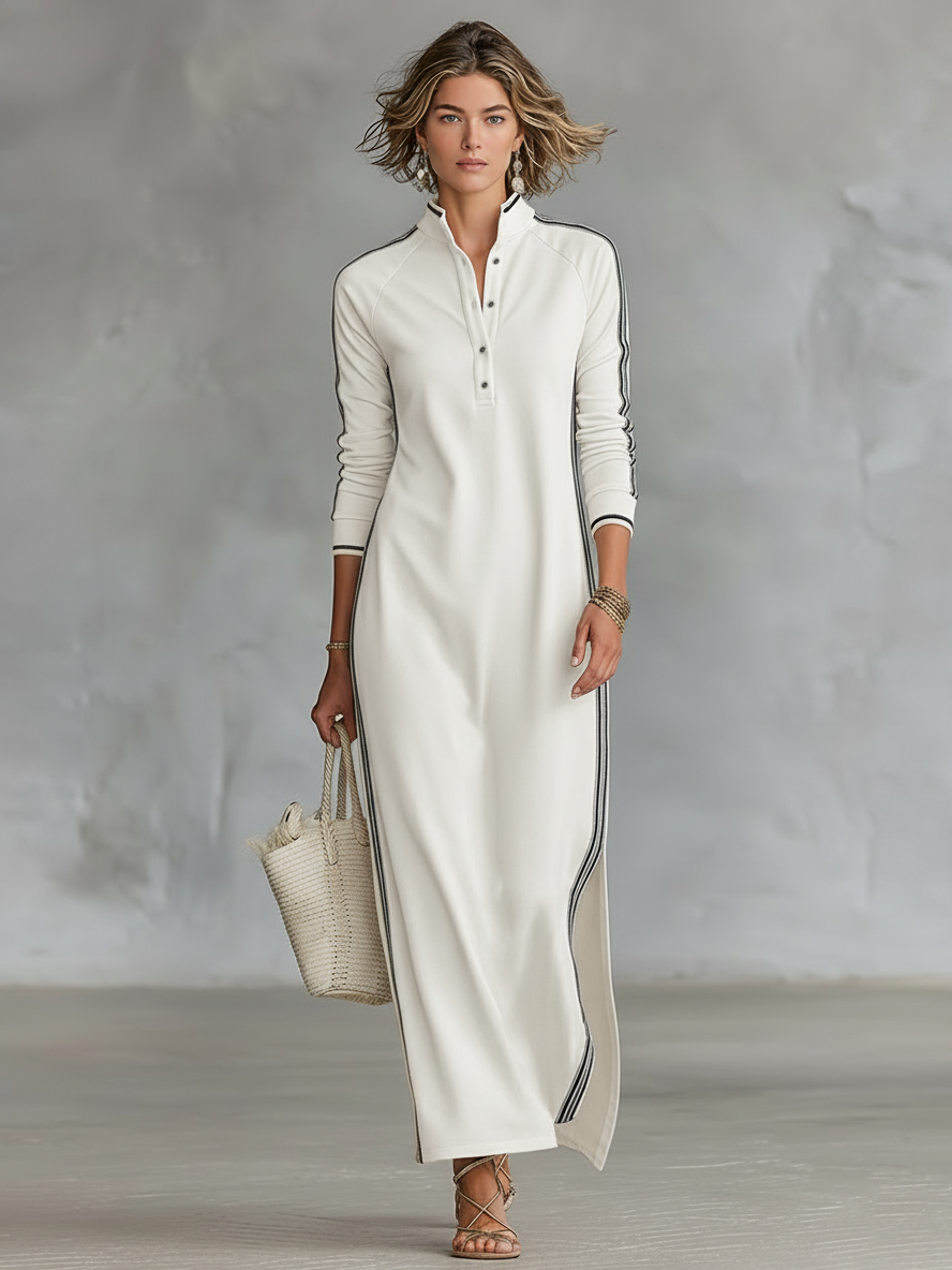 Maxi Dress with Button Collar in Sweater Style for Women with White Edges MDA0958L0Y