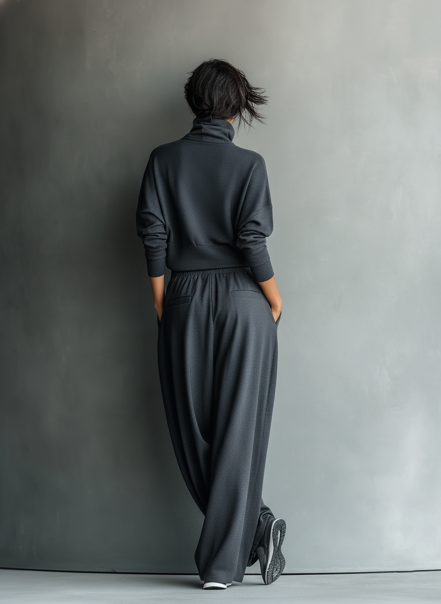 Large Top Set with Turtleneck and Wide Pants for Women in Anthracite Knit Fabric MDA2435L7T
