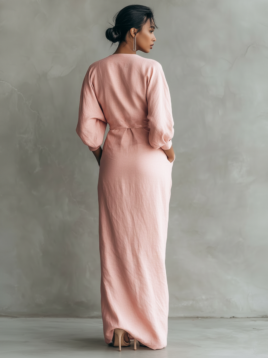 Maxi Dress for Women in Minimalist Pink with V-Neck MDA1655L0Y