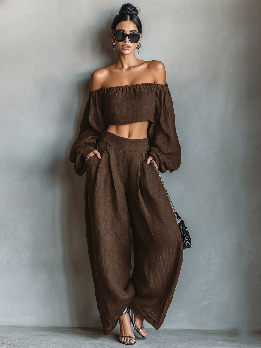 Women's Minimalist Linen-Colored Bodysuit Without Sleeves with Wide Pants MDA1900L7Y