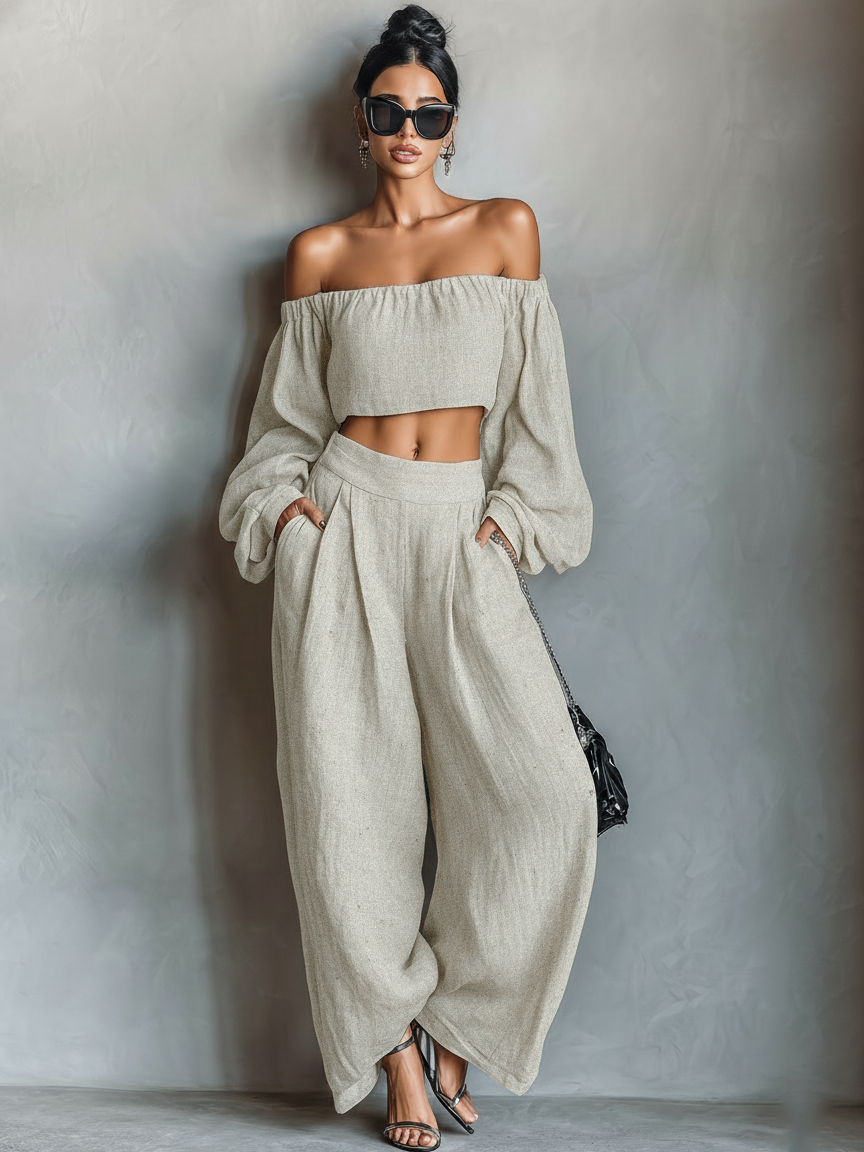 Women's Minimalist Linen-Colored Bodysuit Without Sleeves with Wide Pants MDA1900L7Y