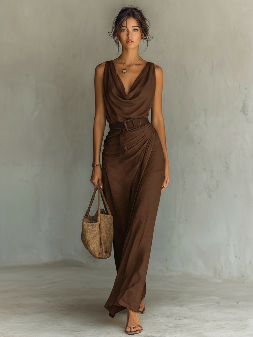Maxi Dresses for Women with Minimalist Collar, Sleeveless, with Belt MDZ1262A0Y