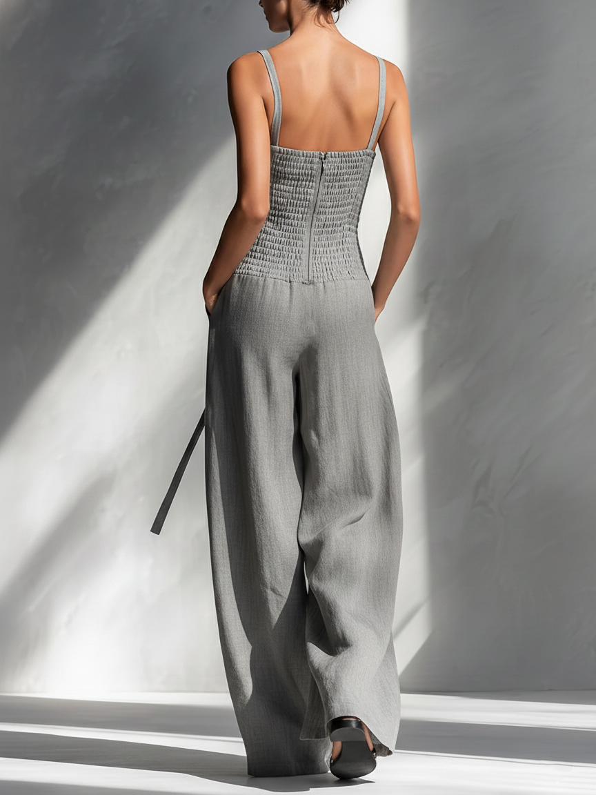 Minimalist Women's Grey Linen Jumpsuit with Spaghetti Straps, Square Neckline, Tie Belt, and Wide Legs MDA2666L5AU