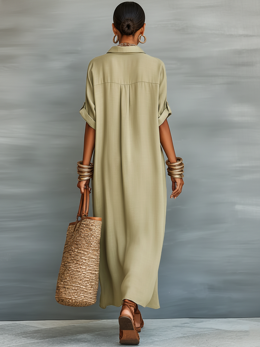 Short Maxi Dress with Short Sleeves Made of Mixed Linen for Women MDZ0647A2Y