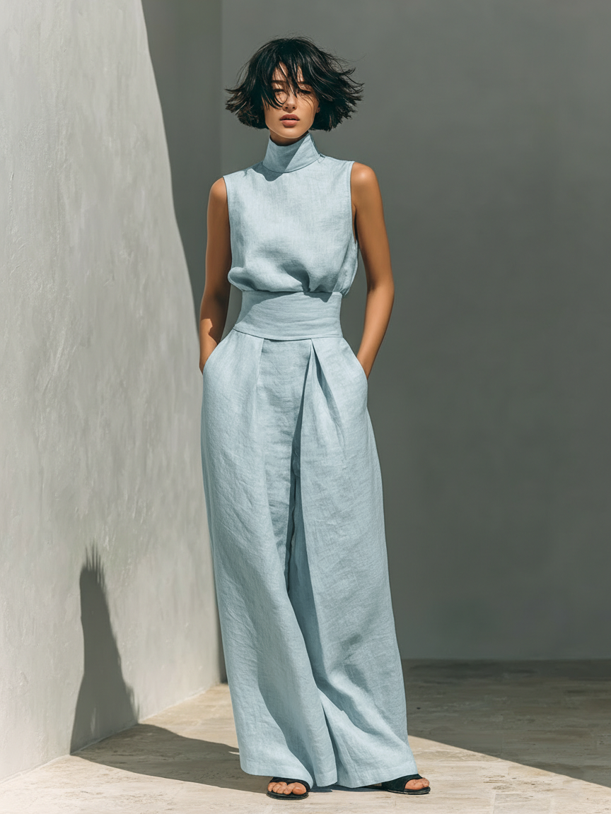 Cotton and Linen Sleeveless Top Set with Wide Pants MDZ0873A5Y