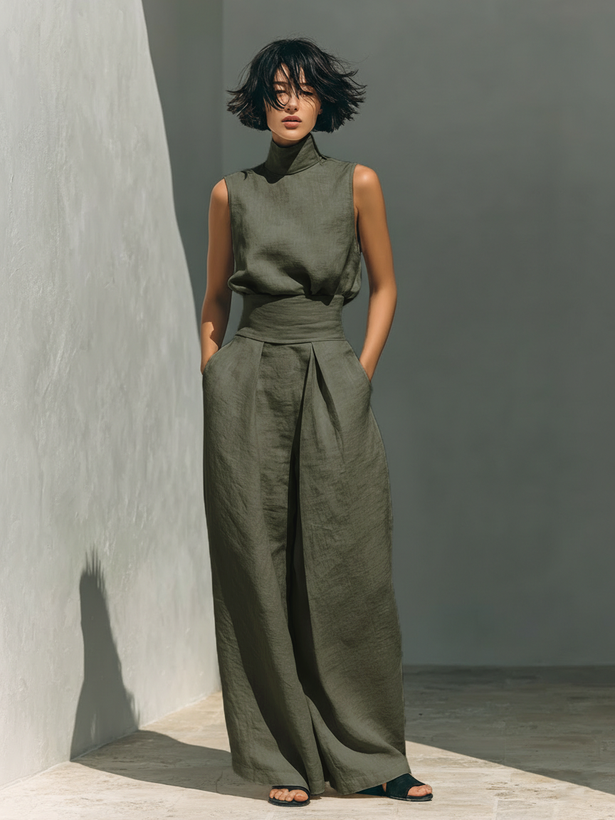 Cotton and Linen Sleeveless Top Set with Wide Pants MDZ0873A5Y