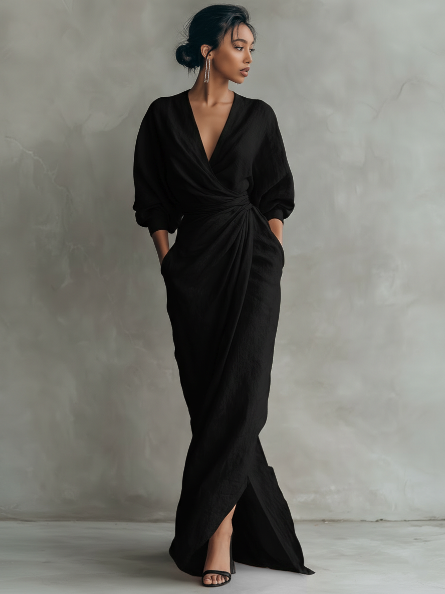 Pink Minimalist Long Dresses with V-Neck Made from Linen Blend for Women