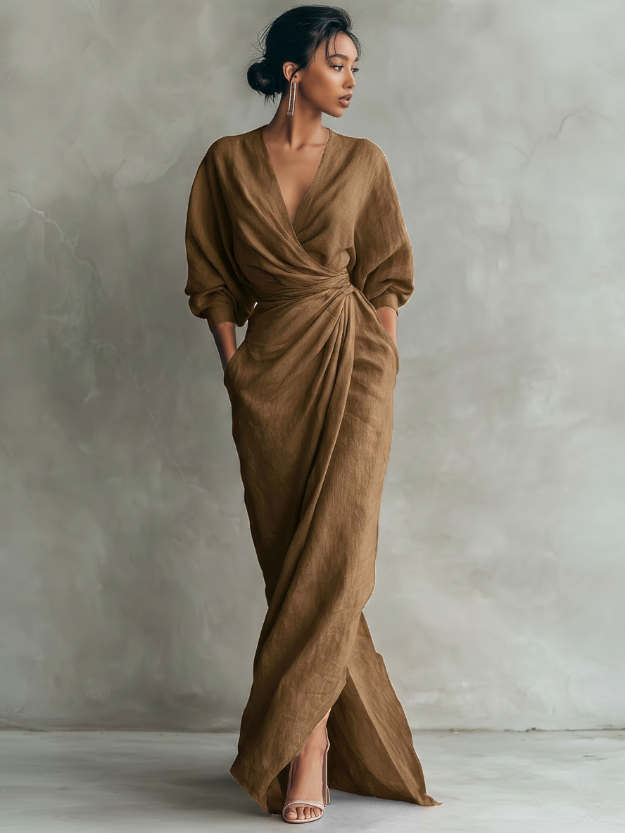 Pink Minimalist Long Dresses with V-Neck Made from Linen Blend for Women