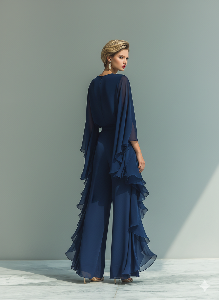 Navy Blue Chiffon Women's Top with Flared Sleeves and Straight Pants with Pleated Details MDZ2218A5T