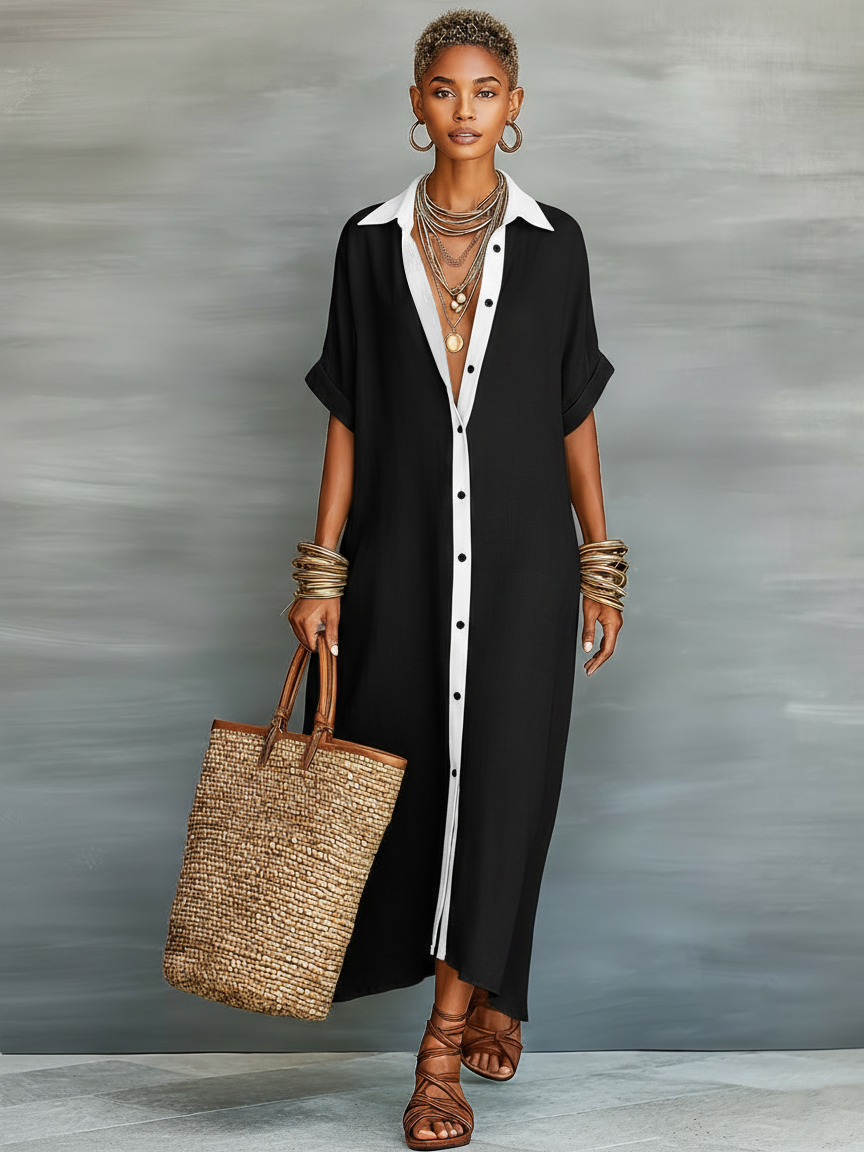 Short Maxi Dress with Short Sleeves Made of Mixed Linen for Women MDZ0647A2Y