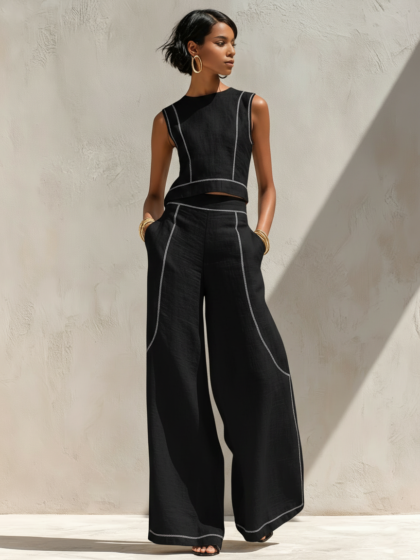 Women's Minimalist Linen Fabric Shirt and Wide Pants Set with Contrasting Seams MDZ1599E9Y