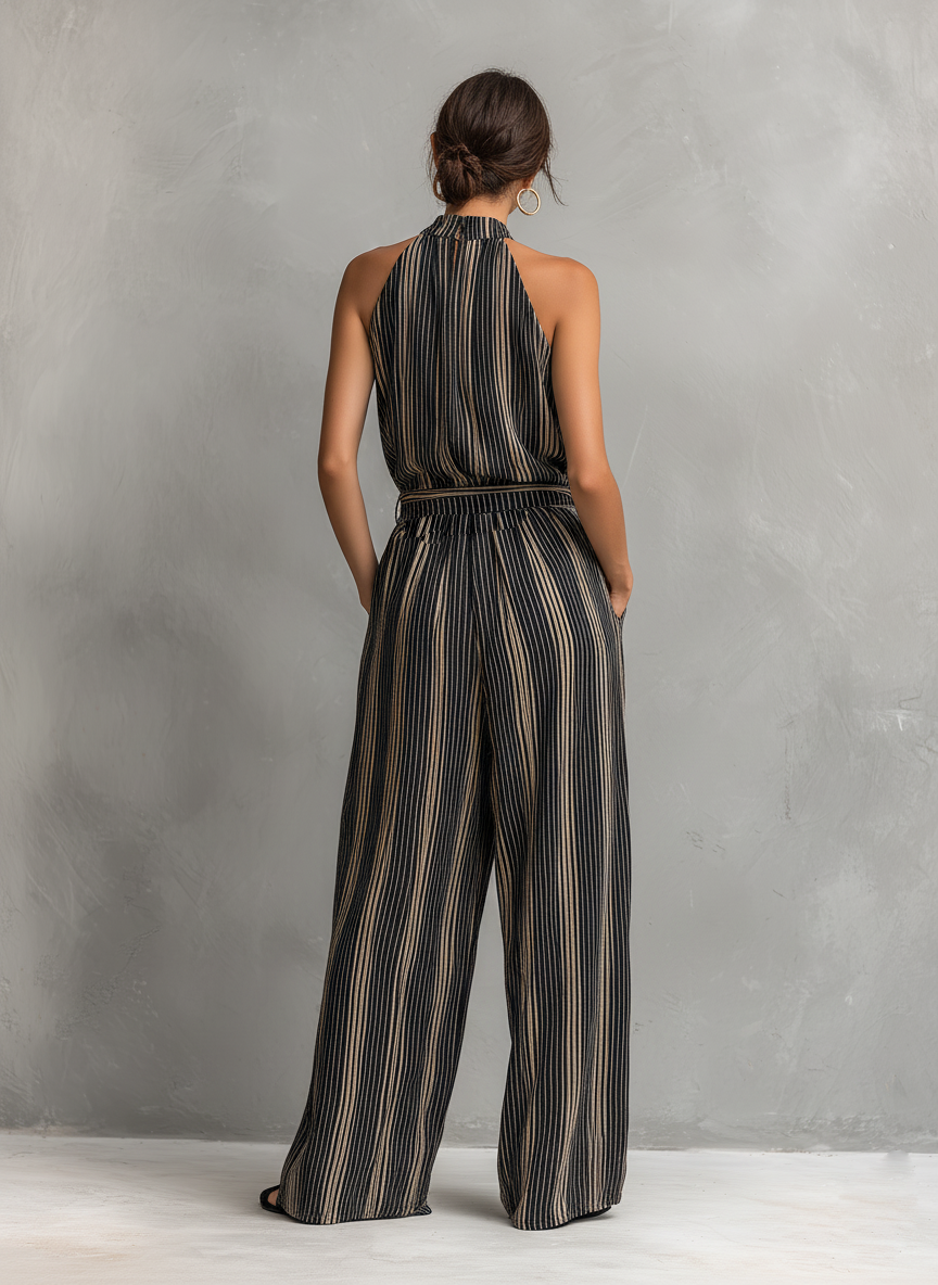 Elegant Women's Shirt with Striped Print, Round Neck, Sleeveless, Paired with Pants MDZ2706B5AN