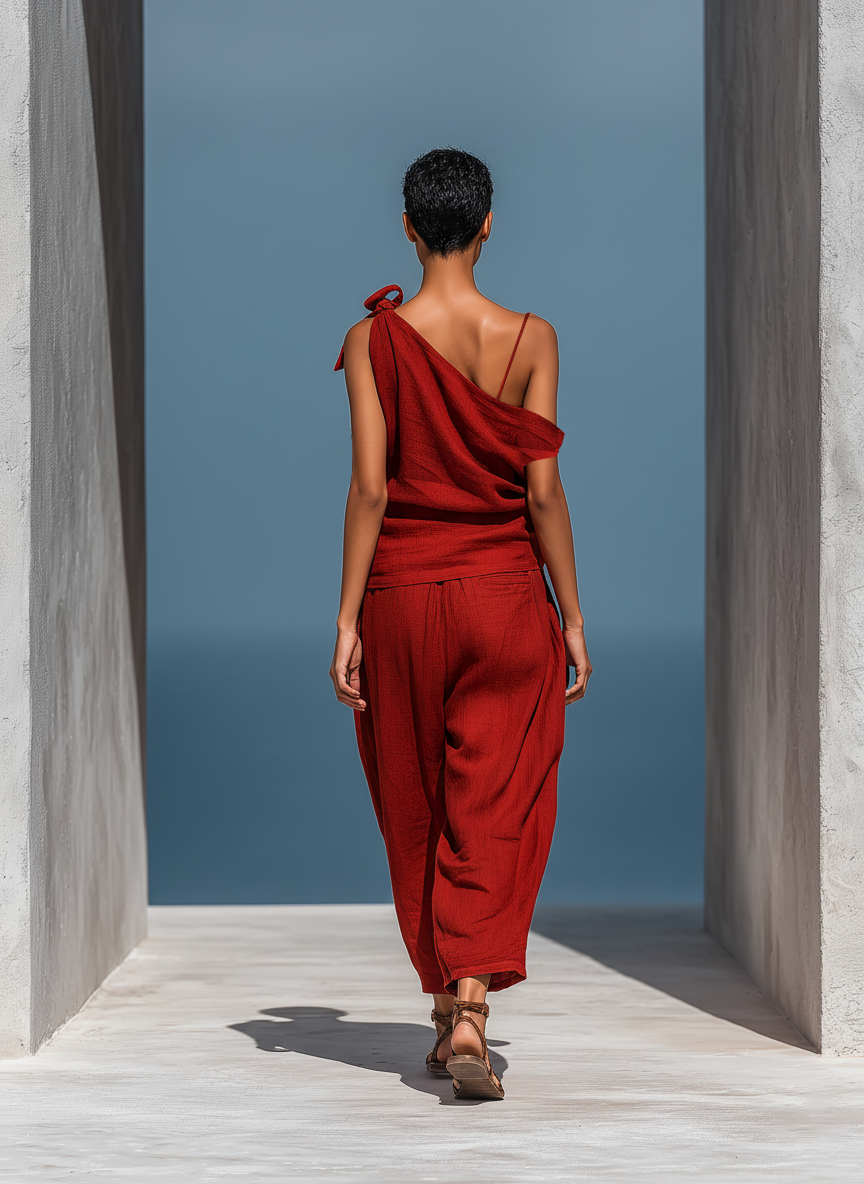 Red Women's Two-Piece Linen Blend Set: Asymmetrical Top with One Shoulder (No Neck Scarf) and Wide Pants with Pockets MDZ2201D4T