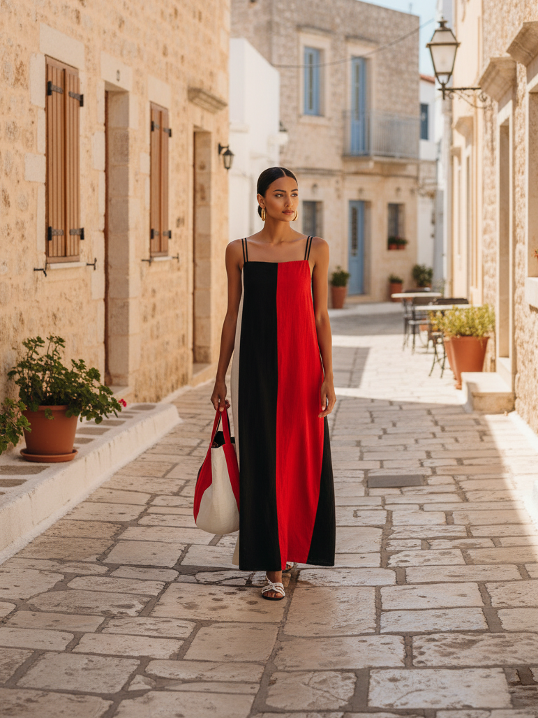 Women's Maxi Dress in Minimalist Style with Color Block, Square Neckline, and Spaghetti Straps MDZ2974D6Y