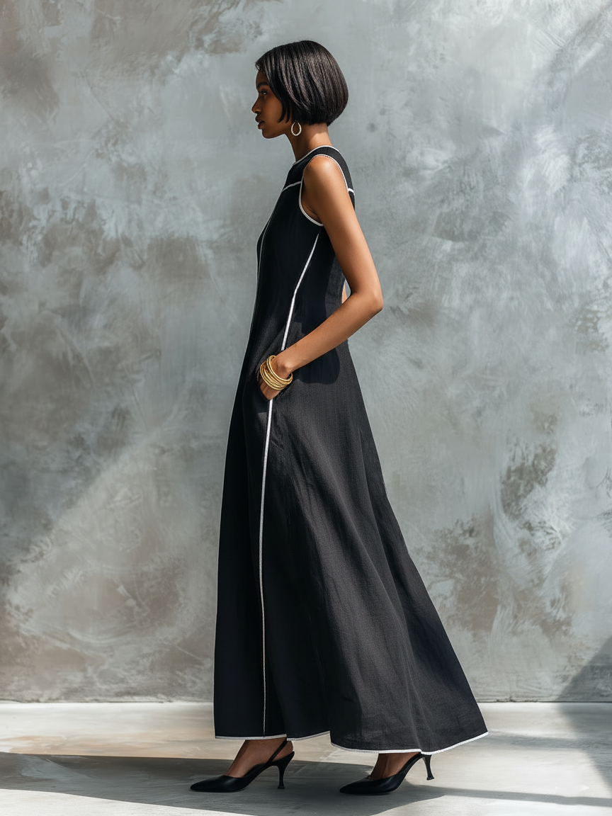Minimalist Style Maxi Dresses for Women in Linen Fabric with Contrast Finish, Round Neckline and Sleeveless Design MDZ1516E0Y