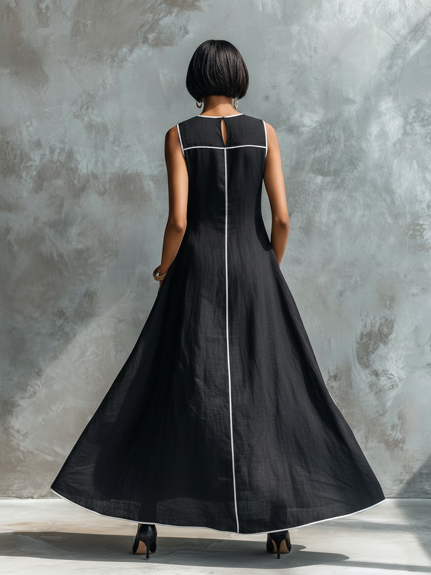 Minimalist Style Maxi Dresses for Women in Linen Fabric with Contrast Finish, Round Neckline and Sleeveless Design MDZ1516E0Y