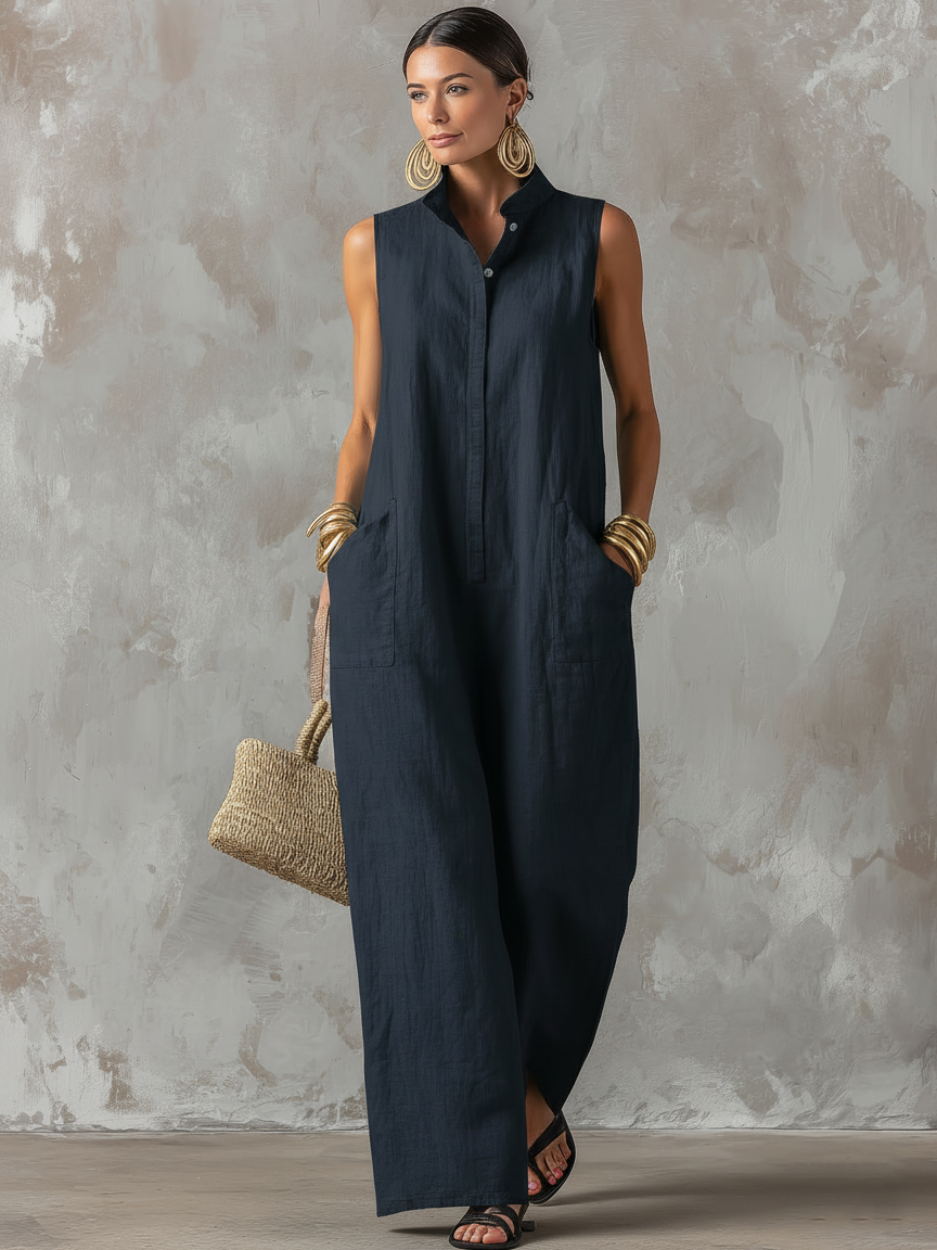 Minimalist Women's Linen Blend Loose Suit — Stand Collar, Sleeveless, One-Way Closure MDZ2928D6Y