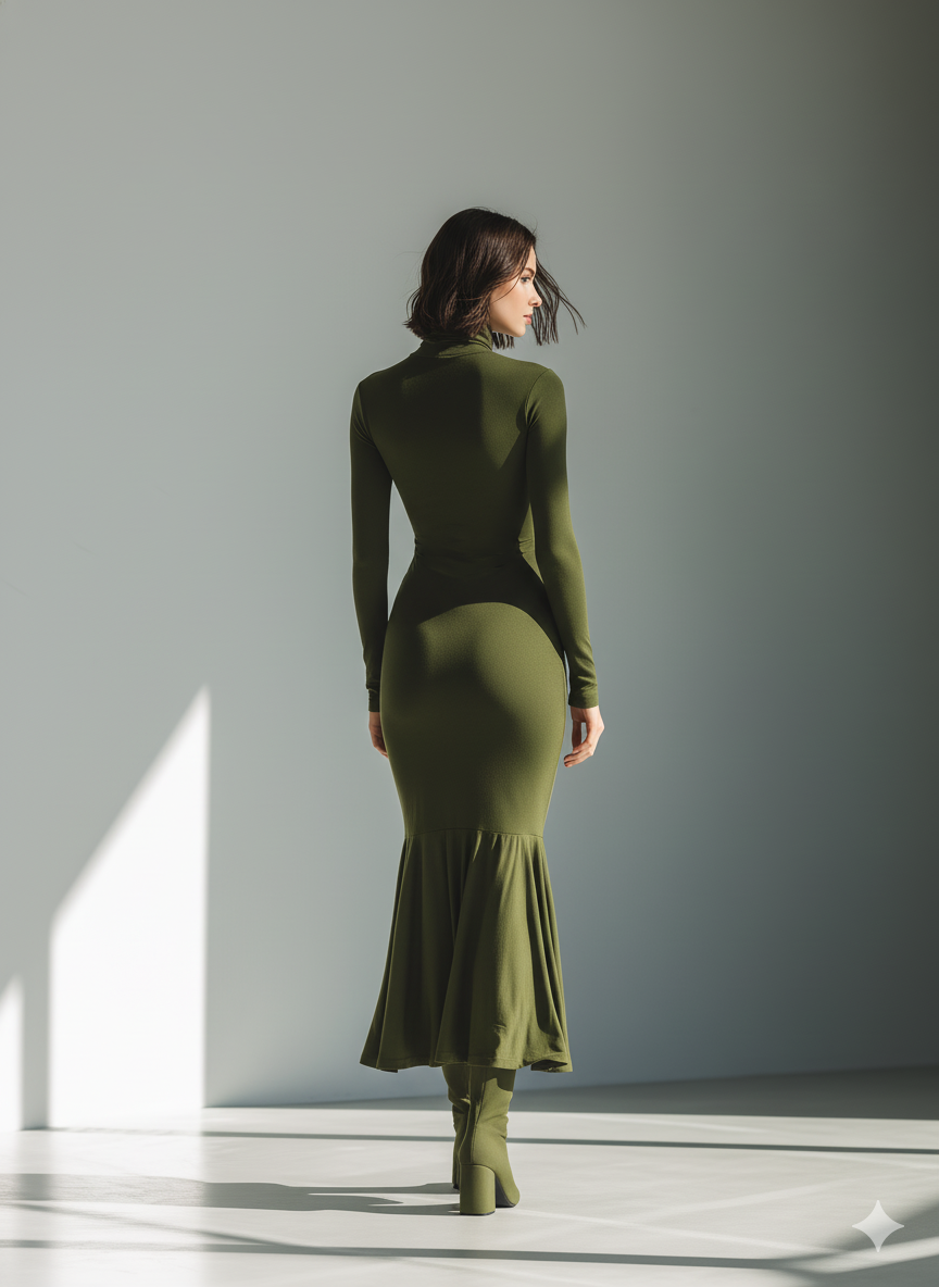 Maxi Dress for Women in Military Green with High Neck, Stretch Fabric, and Fitted Look MDA0556K1T