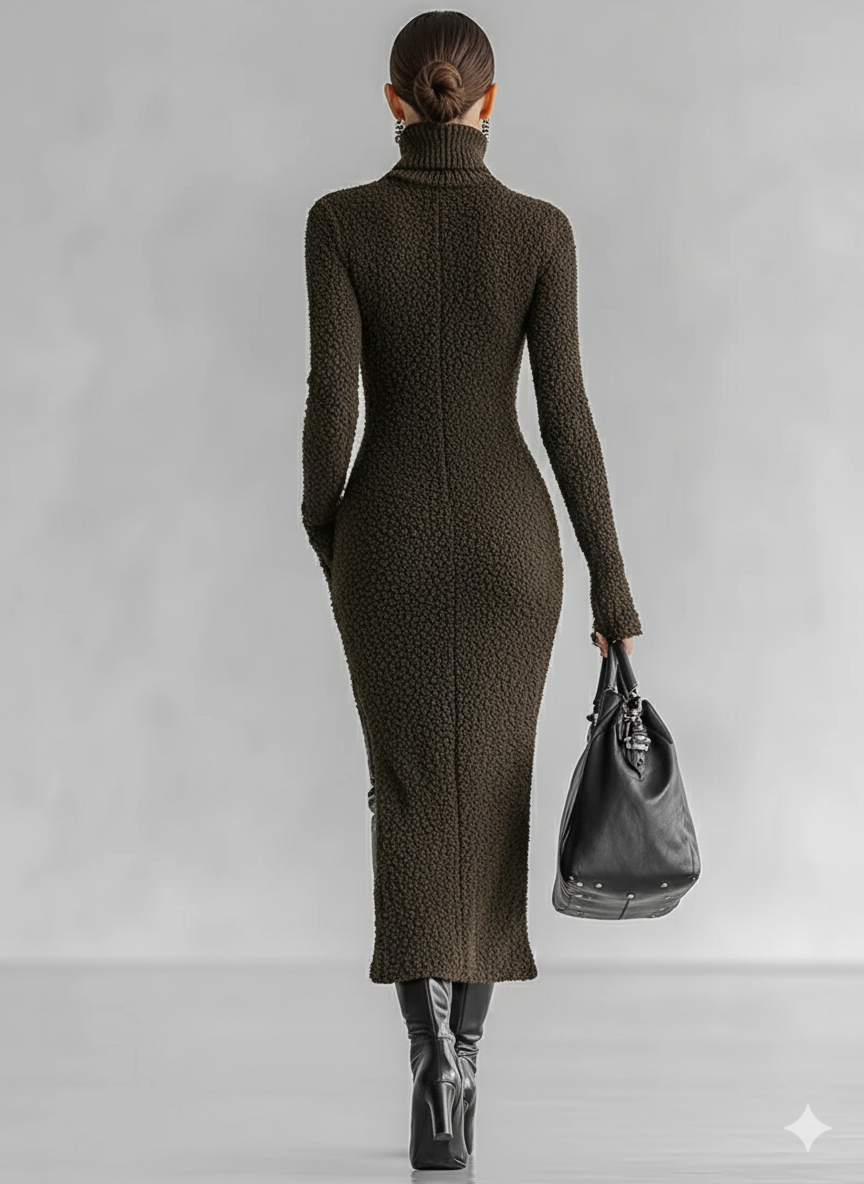 Women's Midi Dress with High Collar, Side Cut, Slim Style, Soft Linen MDA1401J4Y