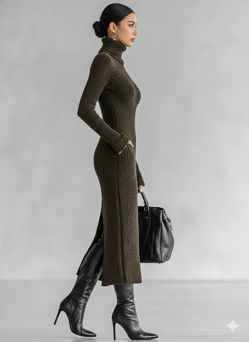 Women's Midi Dress with High Collar, Side Cut, Slim Style, Soft Linen MDA1401J4Y