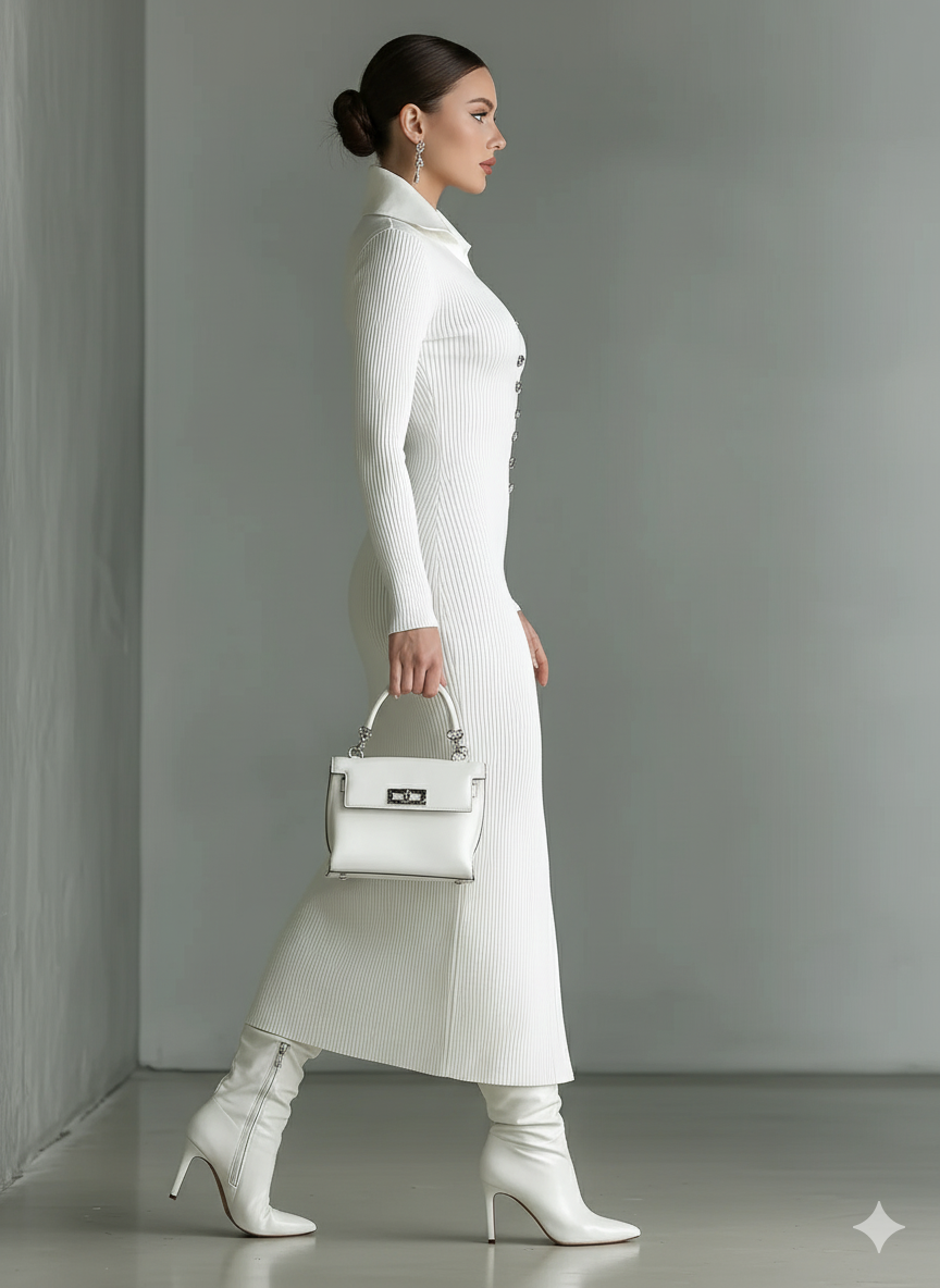Slim Midi Dress with Polo Collar for Women in White MDA1329J8T