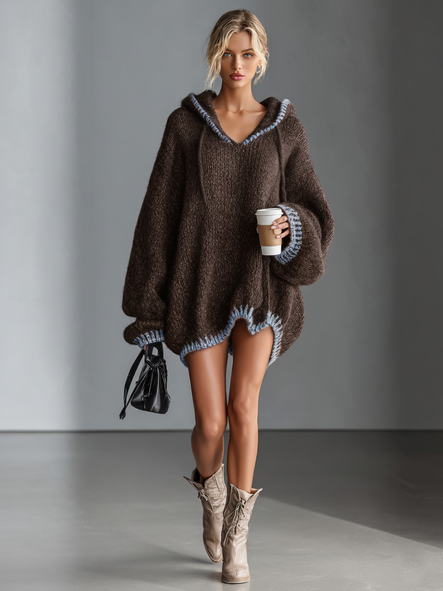 Pink Hooded Knit Mini Dress for Women MDA0255I8Y