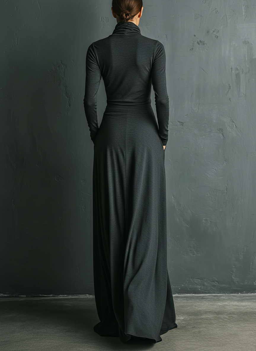 Women's Anthracite Maxi Dress with High Collar Made of Elegant Poly-Cotton Fabric MDA1727J1I