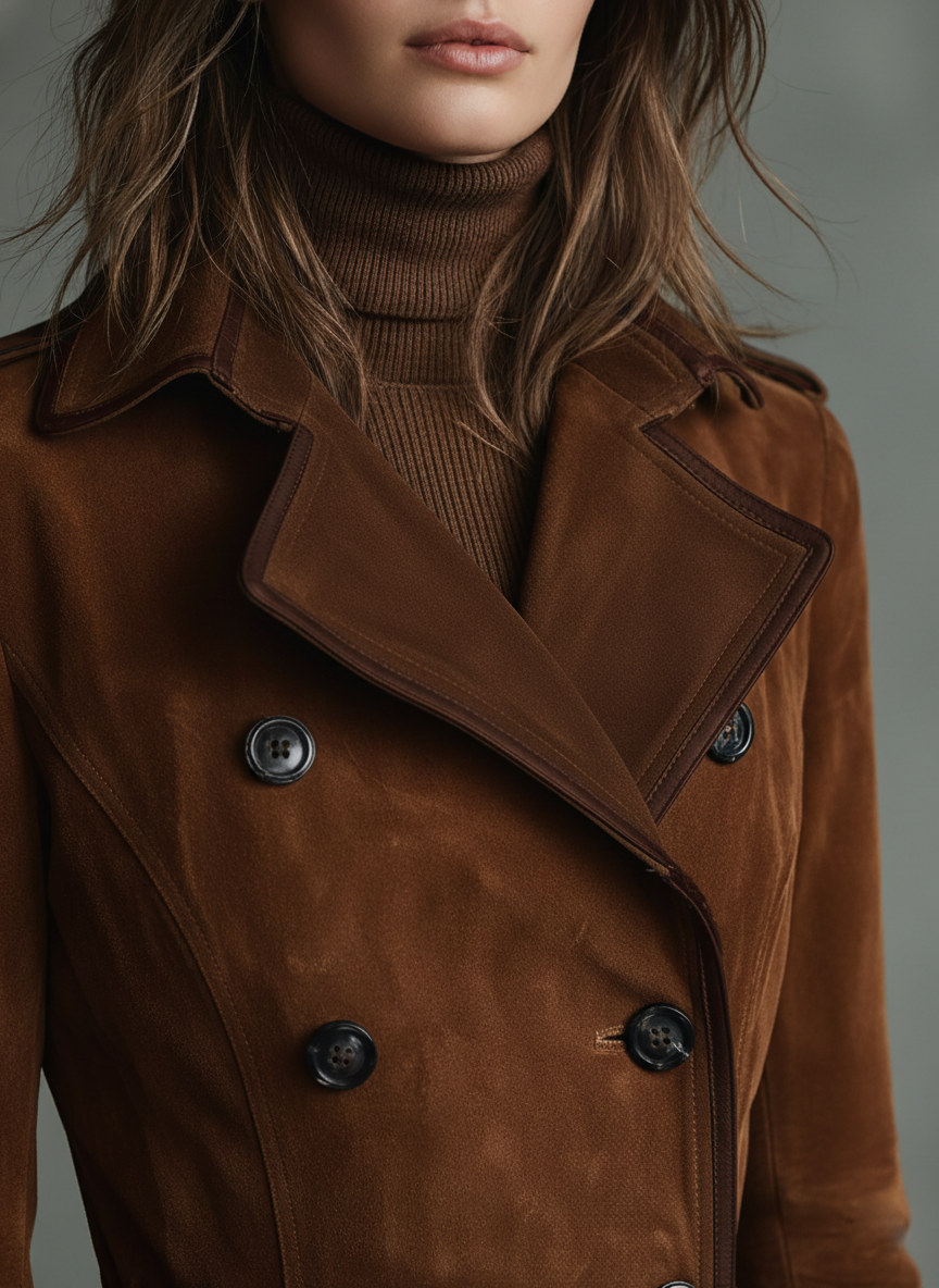 Long Women's Coat with Suede Coating, Double Buttons, and Trousers MDA2580H6Y