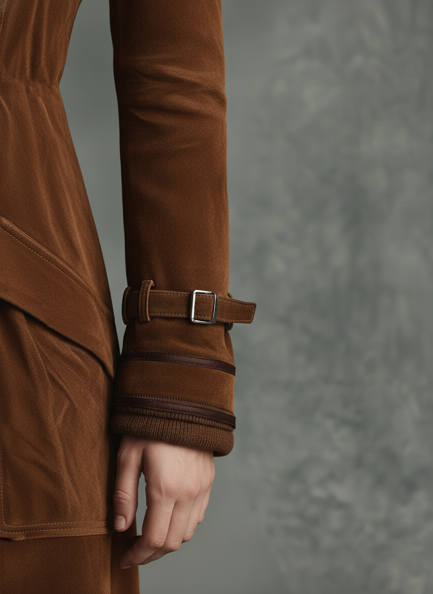 Long Women's Coat with Suede Coating, Double Buttons, and Trousers MDA2580H6Y