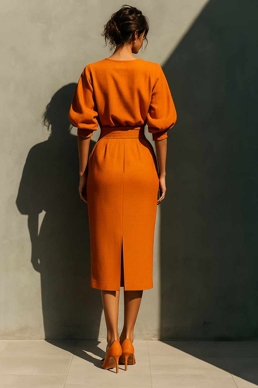 Medium Sleeve Top Set with Midi Skirt for Women in Orange MDA2511G6T