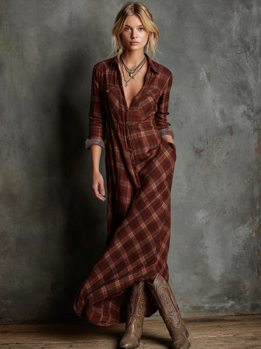 Maxi Dresses with Checkered Collar for Women MDA1249H1Y