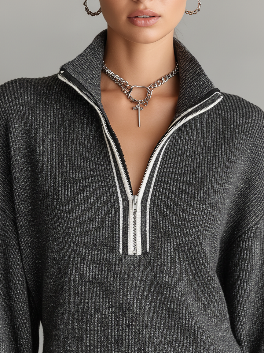 Mini Dress for Women with White Cuffs and Loose Sweater Design with Zipper MDA0774H6Y