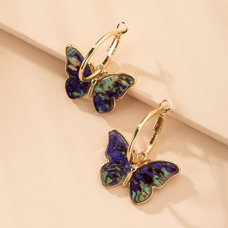 Colorful Butterfly Hoop Earrings in Gold