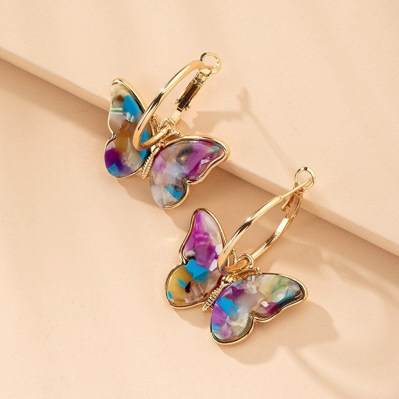 Colorful Butterfly Hoop Earrings in Gold