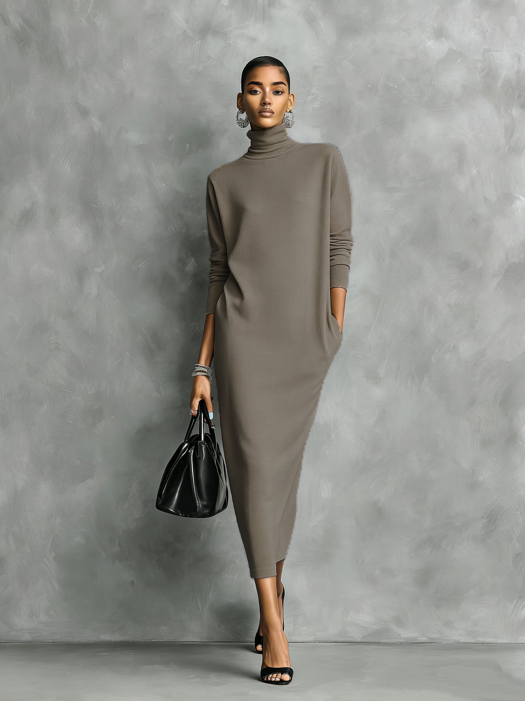 Black Midi Dress for Women, Knitted, with High Collar, Long Sleeves, Loose Fit, No Pockets MDA1974L7AN