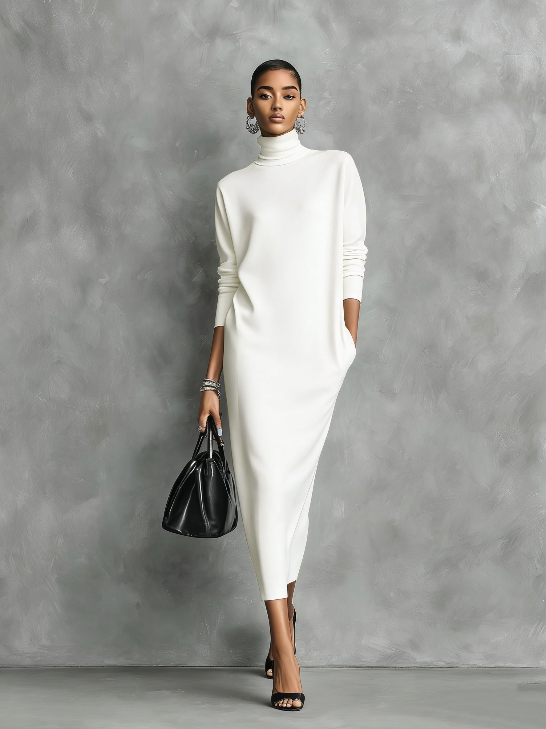 Black Midi Dress for Women, Knitted, with High Collar, Long Sleeves, Loose Fit, No Pockets MDA1974L7AN
