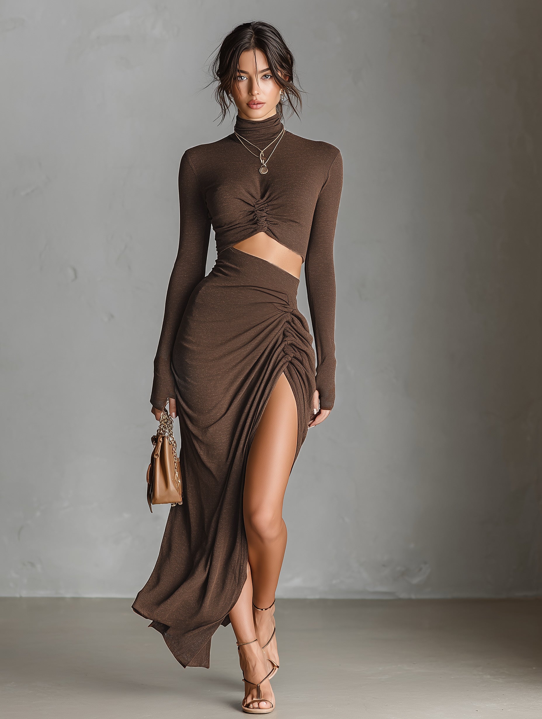 Trendy Brown Knitted Women's Dress with Long Sleeves MDA1939L9AN