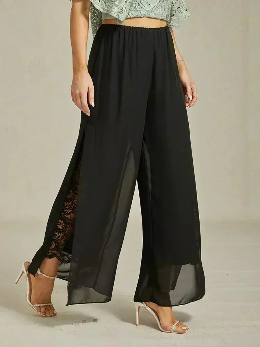 Straight Leg Pants with Chiffon Layer and Cut
