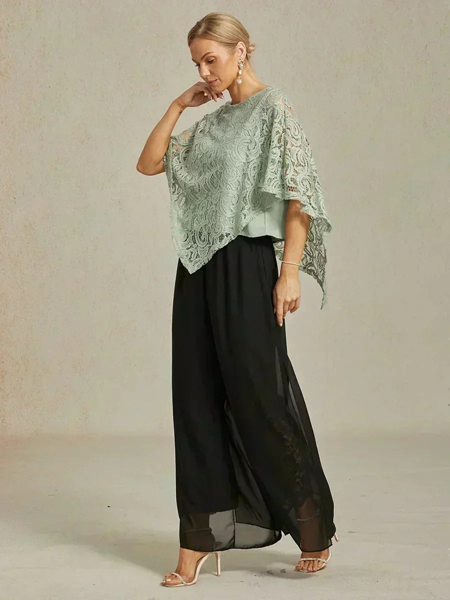 Straight Leg Pants with Chiffon Layer and Cut
