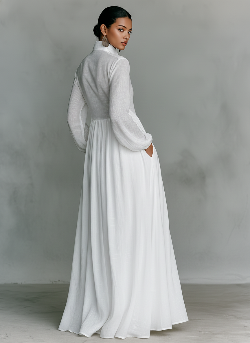 Minimalist Maxi Dresses for Women in Cotton and White with Patchwork, One Button, Stand Collar, and Long Sleeves MDA0658K6Y