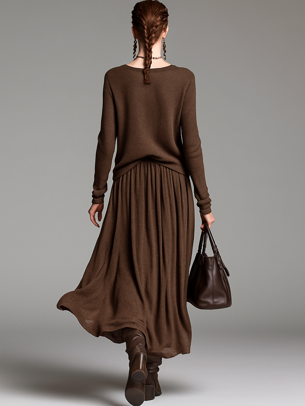 Women's Skirt and Sweater Set with Round Neck MDA0737H3Y