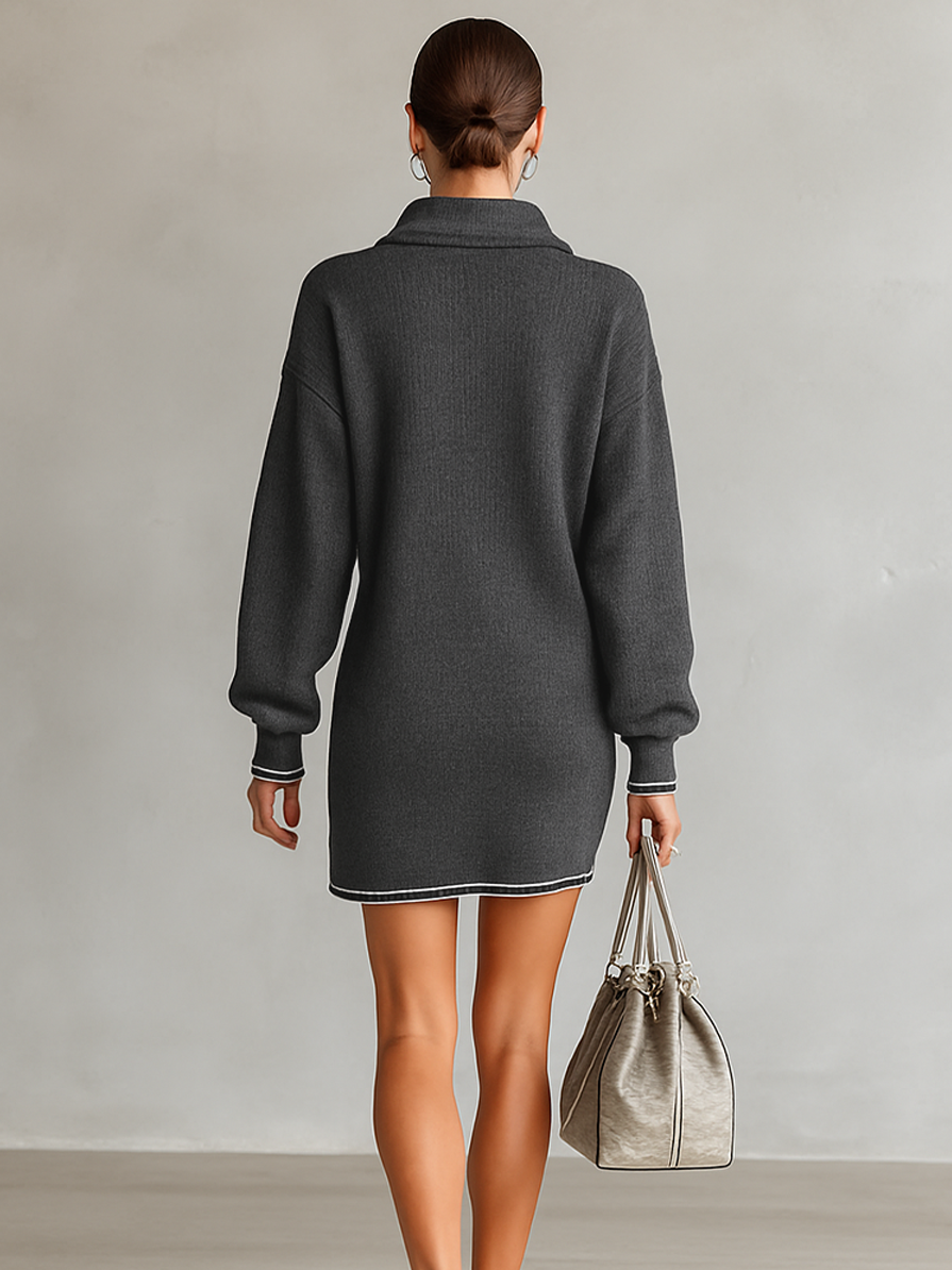 Soft Knit Mini Dress with Polo Collar and Zipper