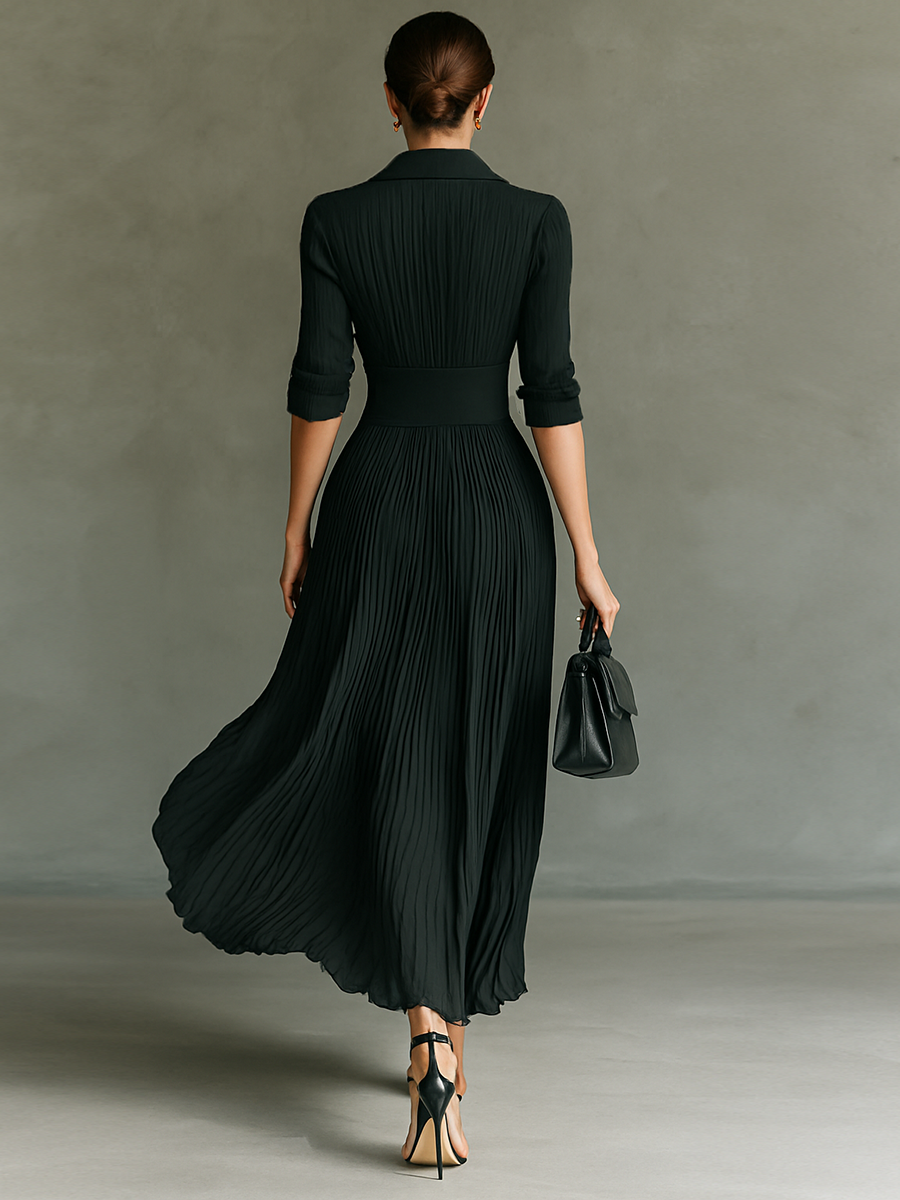 Long Maxi Dresses with Long Sleeves, Ruffled Collar, and Pleats