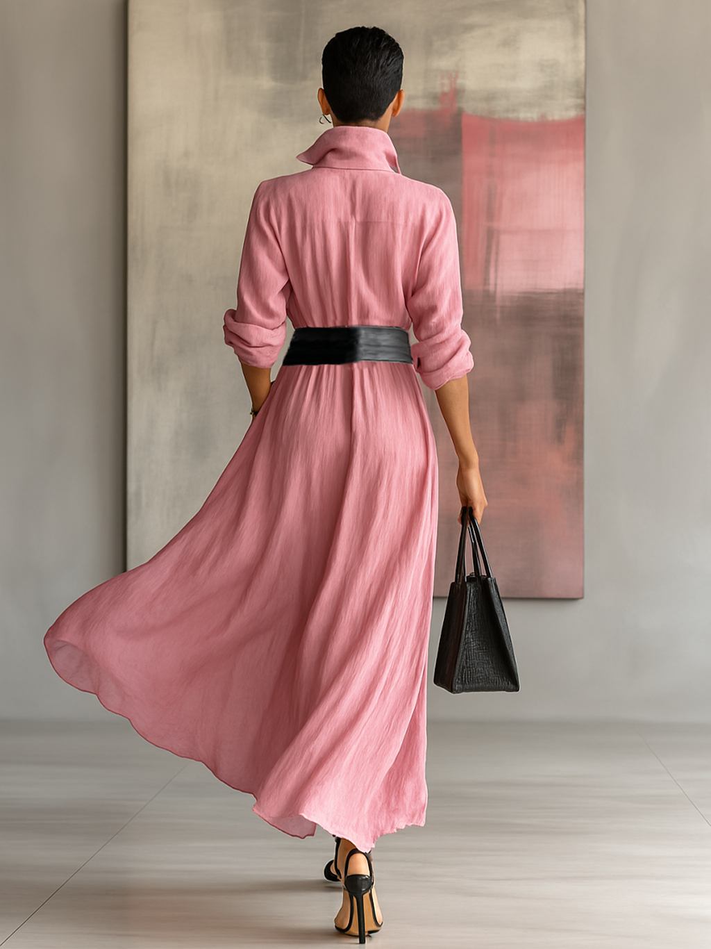 Solid Color Maxi Dresses with Collar and Long Sleeves for Women MDA0917G0Y