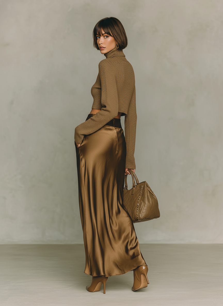 Stylish women's t-shirt in gold-brown with a high collar, long sleeves, combined with a satin midi skirt MDA0982L5AN