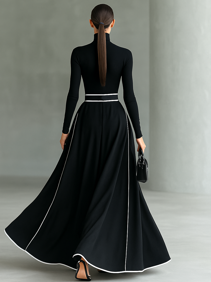 Black maxi dress with white stitching, high collar, long sleeves, and a slim waist