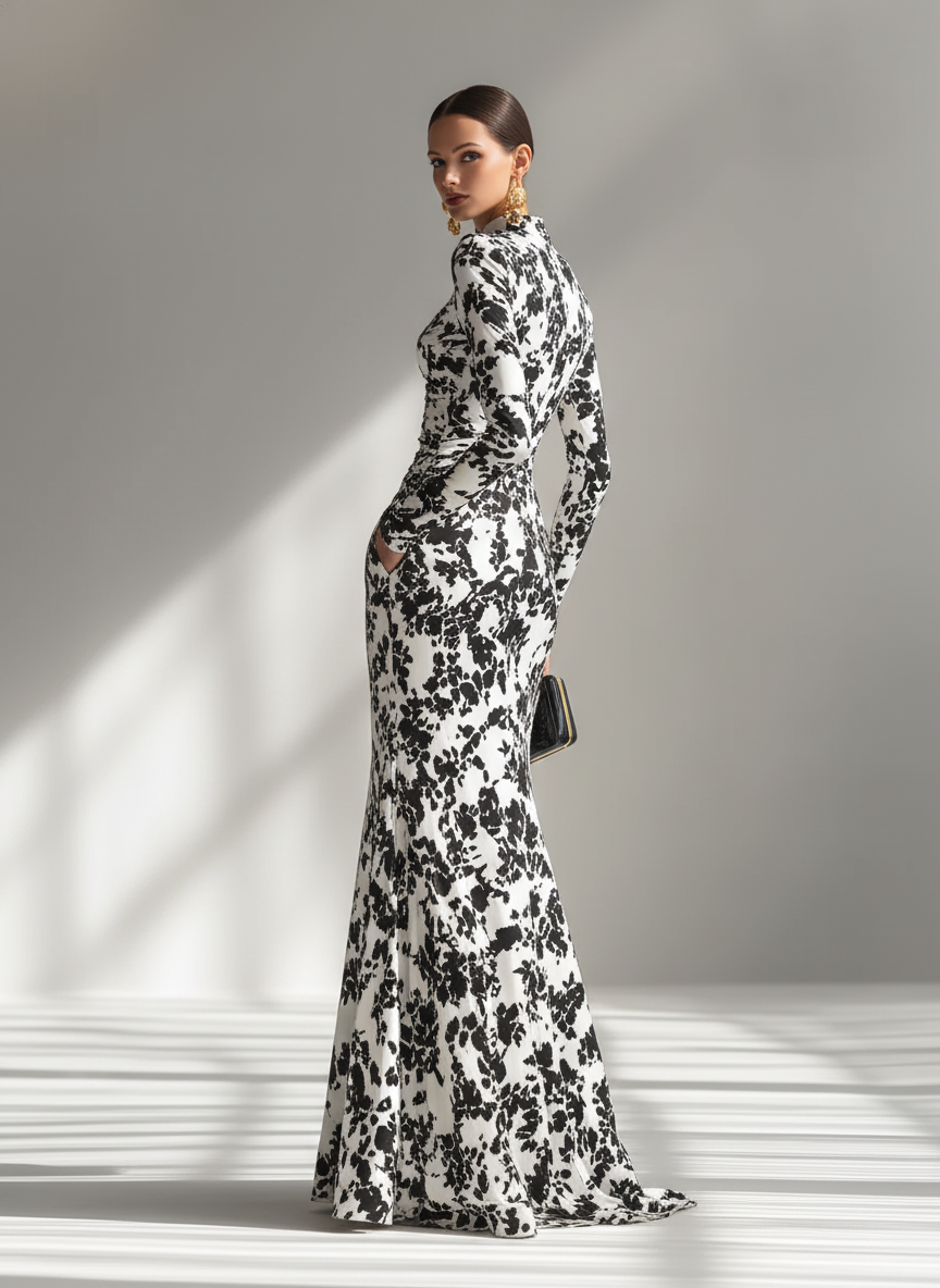 Maxi Dresses for Women with High Collar in Floral, Black and White MDA1295K1AP